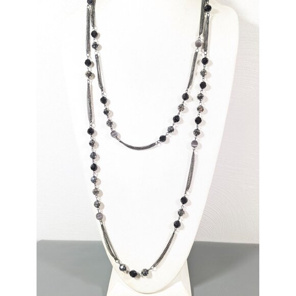 Express Black Faceted Bead Multi Chain Layered Necklace Goth 28" - Picture 1 of 10